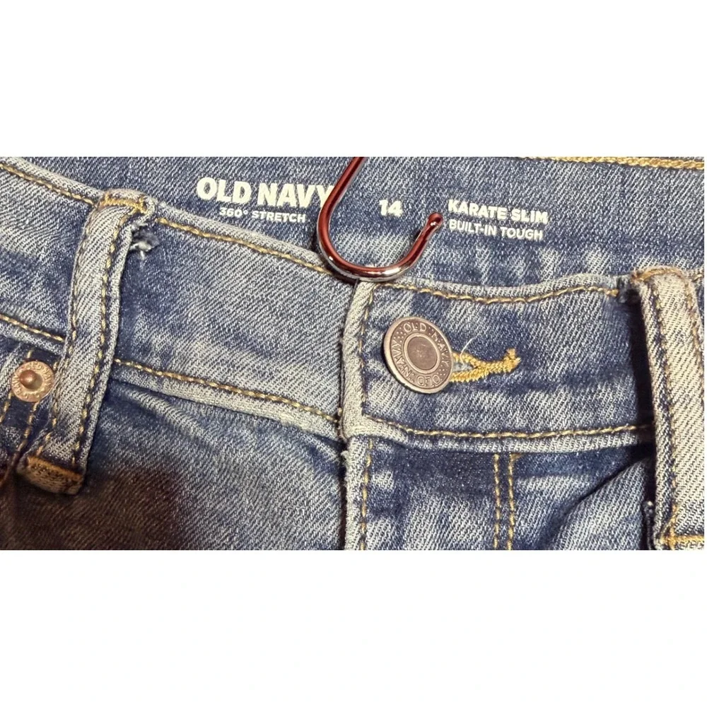 Old Navy Karate Slim Jeans 14 Light Wash Distressed 360 Stretch Built-In Tough - Picture 3 of 8
